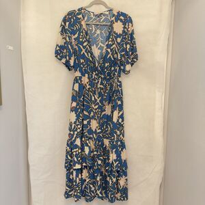 Knox Rose Blue Wrap Dress Floral Short Sleeve Ruffled Midi Cottagecore Feminine